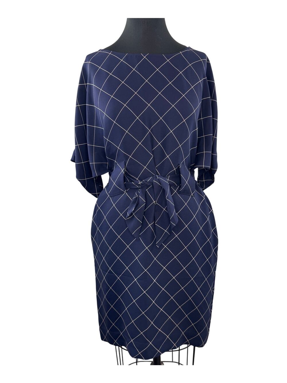 3.1 Phillip Lim Navy Grid Mini Dress Silk Windowpane Check Dolman Sleeve Size 6